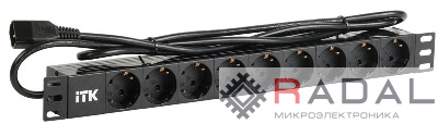 Блок розеток 9 мест PDU (немец. станд.) DIN 49440 ПВХ профиль 1U шнур 2м; вилка IEC 320 C14; черн. ITK PH22-9D2-P