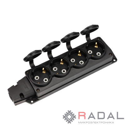 Колодка удлинителя 4-м с заземл. 16А IP54 влагозащ. с защ. крышкой COMPACT каучук черн. Rexant 111-224