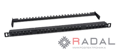 Патч-панель 19дюйм 0.5U 24 порта RJ45 кат.6 Dual IDC 180град. высокой плотности с задн. кабельн. организатором Cabeus 9664c