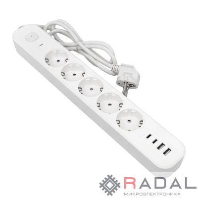 Удлинитель 5х3м IP20 2USB 2.4А+2type-C LUX 1.5кв.мм EKF UBA-LUX-503-TC