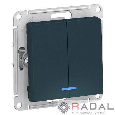 Выключатель 2-кл. СП AtlasDesign 10А IP20 (сх. 5а) 10AX с подсветкой механизм изумруд SchE ATN000853