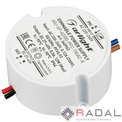 Блок питания ARJ-SP-40300-PFC-TRIAC-R (12Вт 27-40В 300мА) (IP44 пластик) Arlight 040962