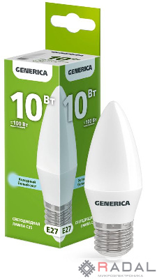 Лампа светодиодная C35 10Вт свеча 6500К E27 230В GENERICA LL-C35-10-230-65-E27-G