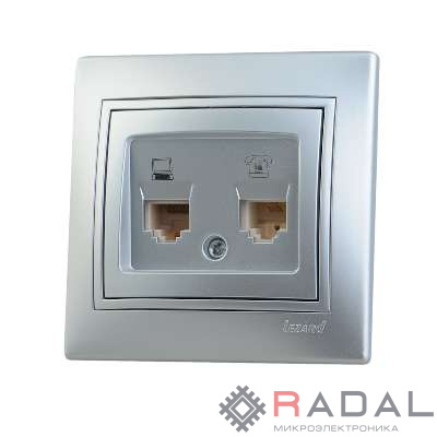 Розетка компьютерная + телеф. СП Мира RJ11 + RJ45 метал. сер. Lezard 701-1010-143