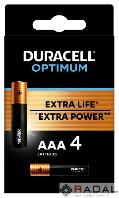 Элемент питания алкалиновый ААА 1.5В LR03-4BL Optimum 5014062 (блист.4шт) Duracell Б0056021