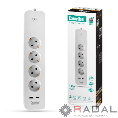 Фильтр сетевой умный Smart Home SZD/SH/4х1.5/WIFI 4гн.1.5м 16А 4000В USB+Type-С WiFi+Счетчик Camelion 14800