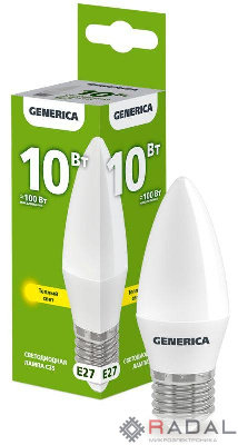 Лампа светодиодная C35 10Вт свеча 3000К E27 230В GENERICA LL-C35-10-230-30-E27-G