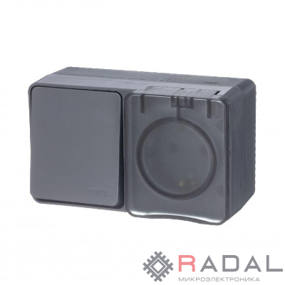 Блок ОП AtlasDesign Profi54 розетка 16А 250В с заземл. с защ. шторками + 1-кл. выключатель 10А антрацит SchE ATN544070