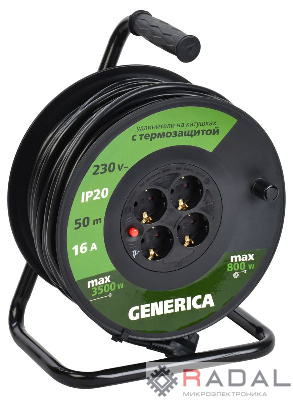 Удлинитель на катушке 4х50м 2P+PE 16А УК50 с термозащ. 3х1.5кв.мм GENERICA IEK WKP20-16-04-50-G
