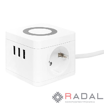 Удлинитель "Куб" 2 гнезда 3USB 2.4А+зарядное устройство 1.3 метра 1кв.мм EKF UBA-CUB-3-WC