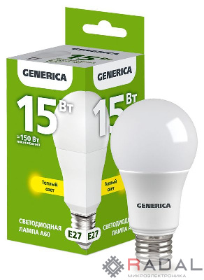 Лампа светодиодная A60 15Вт грушевидная 3000К E27 230В GENERICA LL-A60-15-230-30-E27-G