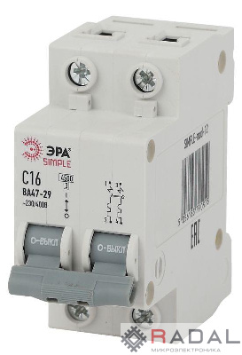 Выключатель автоматический модульный 2п C 16А 4.5кА ВА 47-29 SIMPLE-mod-12 ЭРА Б0039229