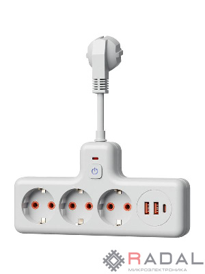 Удлинитель с сетевым фильтром 3х0.3м 10А 2USB + 1USBC 2500Вт ПВС 3х1 компакт бел. КОСМОС FRKsm0.3m-3g(W)USB