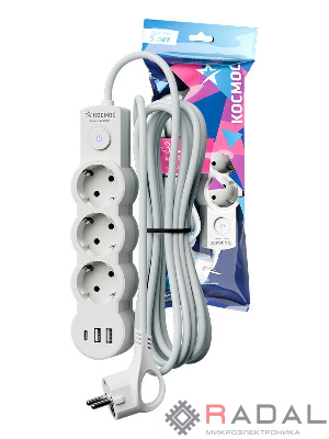 Удлинитель 3х5м с заземл. 10А IP20 USB 2800Вт 220В ПВС 3х1 с выкл. бел. КОСМОС YKsm5m3g-Z-VU10А-W
