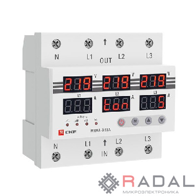 Реле напряжения и тока трехфазное с дисплеем MRVA-3 63A EKF MRVA-3-63A