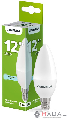 Лампа светодиодная C35 12Вт свеча 6500К E14 230В GENERICA LL-C35-12-230-65-E14-G