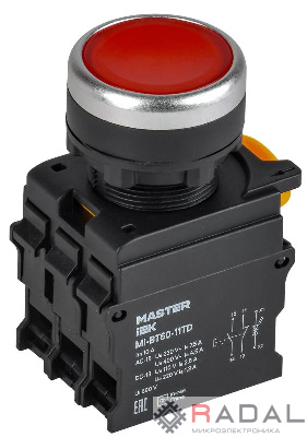 Кнопка d22мм 1НО+1НЗ MASTER с подсветкой и фиксацией красн. IEK MI-BT60-11TD-3-11-K04