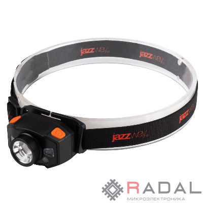 Фонарь аккумуляторный налобный AccuH1-L5WZ-og zoom LED 5Вт + 2хRED SMD IP54 5 режимов: 100проц. 180лм 3.5ч/50проц. 110лм 5.5ч/30проц. 65лм 15ч/красн. 28ч/мигающ. красн. 12ч аккум. 0.8А.ч управл. жестами черн./оранж. JazzWay 5036611