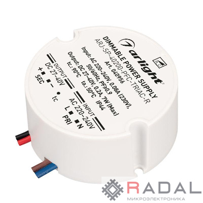 Блок питания ARJ-SP-40200-PFC-TRIAC-R (7Вт 27-40В 200мА) (IP44 пластик) Arlight 040956