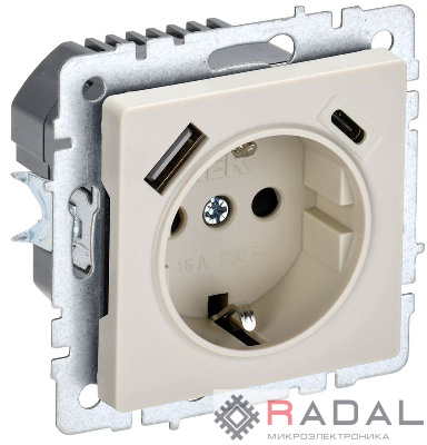 Розетка BRITE РЮш11-1-БрКр 16А с USB A+C 18Вт с заземл. защ. шторки беж. IEK BR-R14-16-U22-018-K10