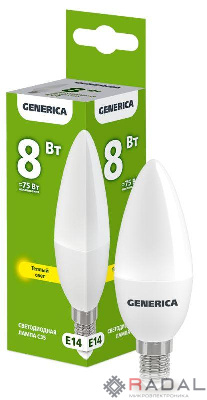 Лампа светодиодная C35 8Вт свеча 3000К E14 230В GENERICA LL-C35-08-230-30-E14-G