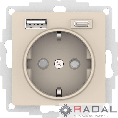 Розетка AtlasDesign 16А с 2-мя заряд. устройствами USB тип A+C 5В/2.4А 2х5В/1.2А механизм беж. SE ATN000232