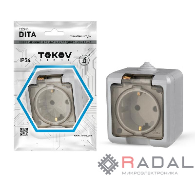 Розетка 1-м ОП Dita 16А IP54 250В с заземл. с прозрачн. крышкой сер. TOKOV LIGHT TKL-DT-R1Z-C06T-IP54