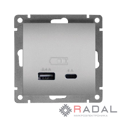 Розетка 2-м USB СП Афина тип А+С 5В 1х2.4А 2х4А механизм серебро Universal А0059-S