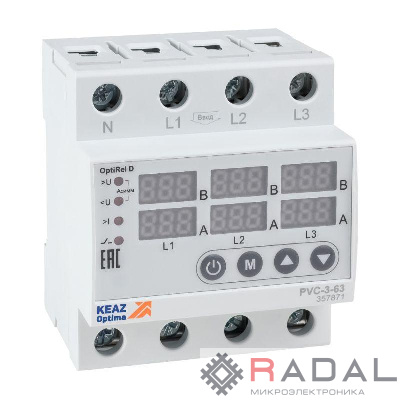 Реле напряжения OptiRel D PVC-3-63 с ЖК-дисплеем и контролем тока 3Ф 63 А КЭАЗ 357871