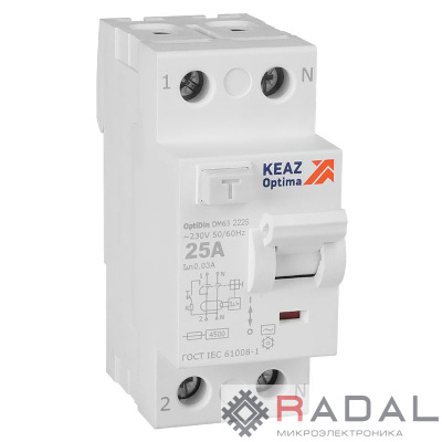 Выключатель дифференциального тока (УЗО) 2п 25А 30мА тип AC 4.5кА OptiDin DM63-2225 УХЛ4 КЭАЗ 343888