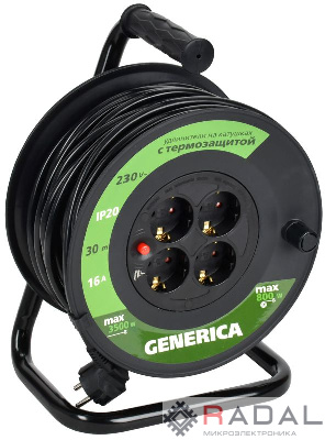 Удлинитель на катушке 4х30м 2P+PE 16А УК30 с термозащ. 3х1.5кв.мм GENERICA IEK WKP20-16-04-30-G