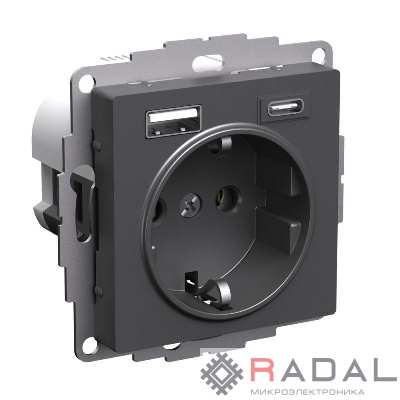 Розетка AtlasDesign 16А с 2-мя заряд. устройствами USB тип A+C 5В/2.4А/3.0А 2х5В/1.5А механизм базальт SE ATN001432