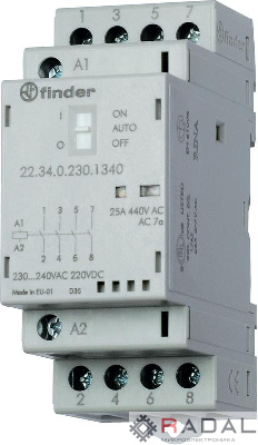 Контактор модульный 4NO 25А AgSnO2 230В AC/DC 35мм IP20 опции: мех. индикатор + LED FINDER 223402304320