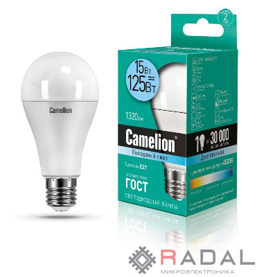 Лампа светодиодная LED15-A60/845/E27 15Вт грушевидная 4500К E27 1320лм 220В бел. Camelion 12186