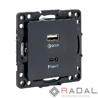 Розетка USB 2-м Стокгольм тип A+C механизм черн. PROxima EKF EZR-2USB-type-C