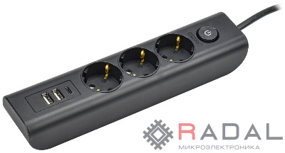 Удлинитель 3х2м с заземл. 16А 250В MODERN У03В с выкл. USBх3 (type-Aх2шт + type-Cх1шт) ПВС 3х1 черн. IEK WYP12-16-03-02-ZKU-K02