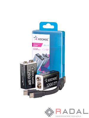 Аккумулятор крона Li-ion 9В 1200мАч (уп.2шт) КОСМОС KOCLi9V1200mAh2B