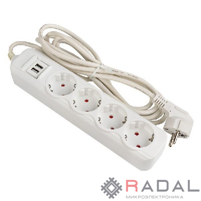 Удлинитель 4х5м 16А IP20 Эксперт 3.5кВт 2хUSB 2.1А ПВС 3х1 PROxima EKF UBA16-2USB-4-05i