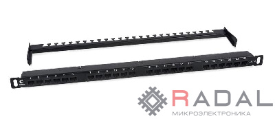 Патч-панель 19дюйм 0.5U 24 порта RJ45 кат.6A Dual IDC 180град. высокой плотности с задн. кабельн. организатором Cabeus 9665c