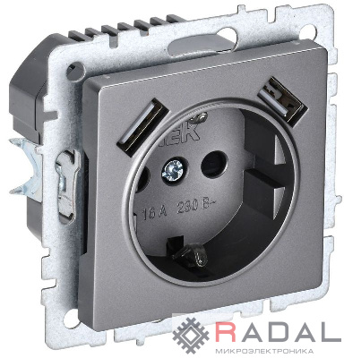 Розетка BRITE РЮш10-1-БрС 16А с USB A+A 2.1А с заземл. защ. шторки сталь IEK BR-R14-16-U21-D21-K46