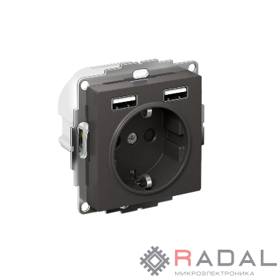 Розетка AtlasDesign 16А с 2-мя заряд. устройствами USB тип A+A 5В/2.4А 2х5В/1.2А механизм базальт SE ATN001430