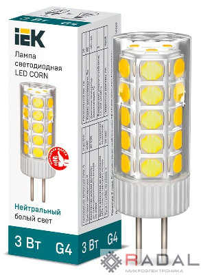Лампа светодиодная CORN 3Вт капсула 4000К G4 12В керамика IEK LLE-CORN-3-012-40-G4