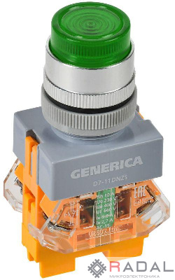 Кнопка D7-11DNZS d22мм 1НО+1НЗ с подсветкой и фиксацией зел. GENERICA BBT50-11DNZS-3-11-K06-G