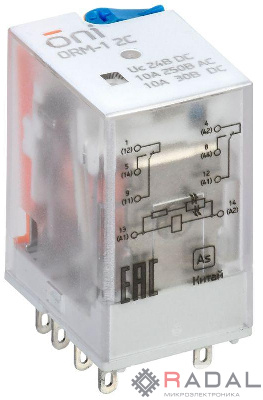 Реле интерфейсное ORM-1 2C 24В DC с LED и тест. кнопкой ONI ORM-1-2C-DC24V-L-B