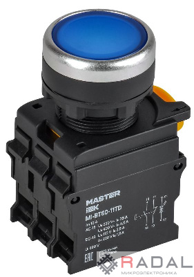 Кнопка d22мм 1НО+1НЗ MASTER с подсветкой и фиксацией син. IEK MI-BT60-11TD-3-11-K07