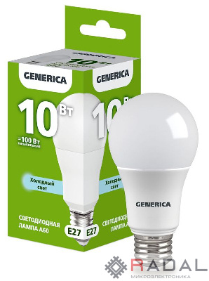 Лампа светодиодная A60 10Вт грушевидная 6500К E27 230В GENERICA LL-A60-10-230-65-E27-G