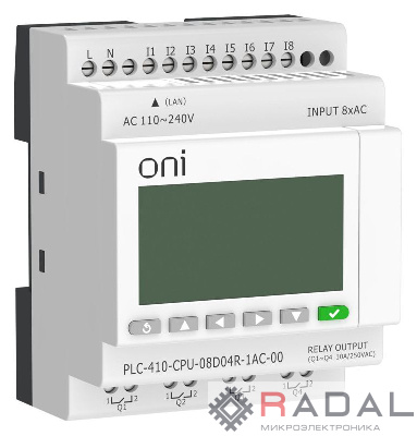 Модуль ЦПУ ПЛК 410 8 DI 4 RO 220В AC с Ethernet портом с экраном ONI PLC-410-CPU-08D04R-1AC-00