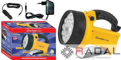Фонарь UF3753LED (аккум 220В/12В жел. 11 LED; + галоген. 4В 2А-ч пласт. короб) Ultraflash 8311