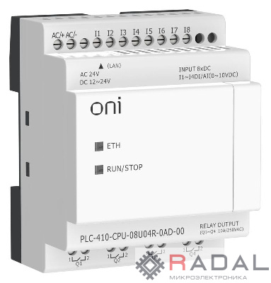 Модуль ЦПУ ПЛК 410 4 DI 4 UI (0-10 В/DI) 4 RO 12В-24В DC или 24В AC с Ethernet портом без экрана ONI PLC-410-CPU-08U04R-0AD-00
