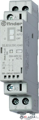 Контактор модульный 2NO 25А AgNi 230В AC/DC 17.5мм IP20 опции: переключатель Авто-Вкл-Выкл + мех. индикатор + LED FINDER 223202301340